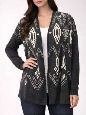 Lucky Brand Lucky Lotus Gray Boho Aztec Embroidered Knit Cardigan Size Medium